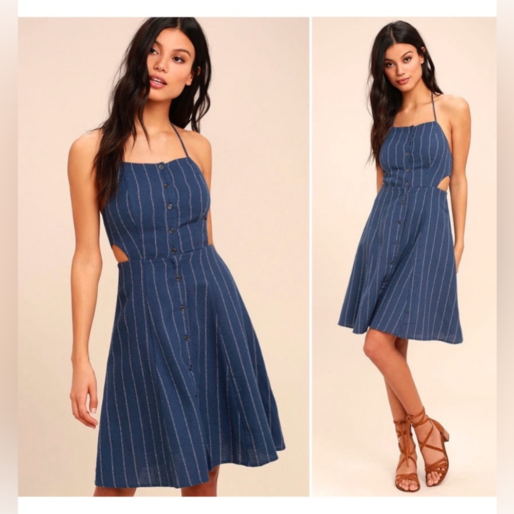 New ASTR Paulina Blue Denim Striped Halter Dress Size Large